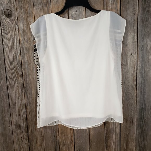 Ann Taylor MP PM Women's Black White Tan Striped Dotted Chiffon Top Blouse - Picture 3 of 5